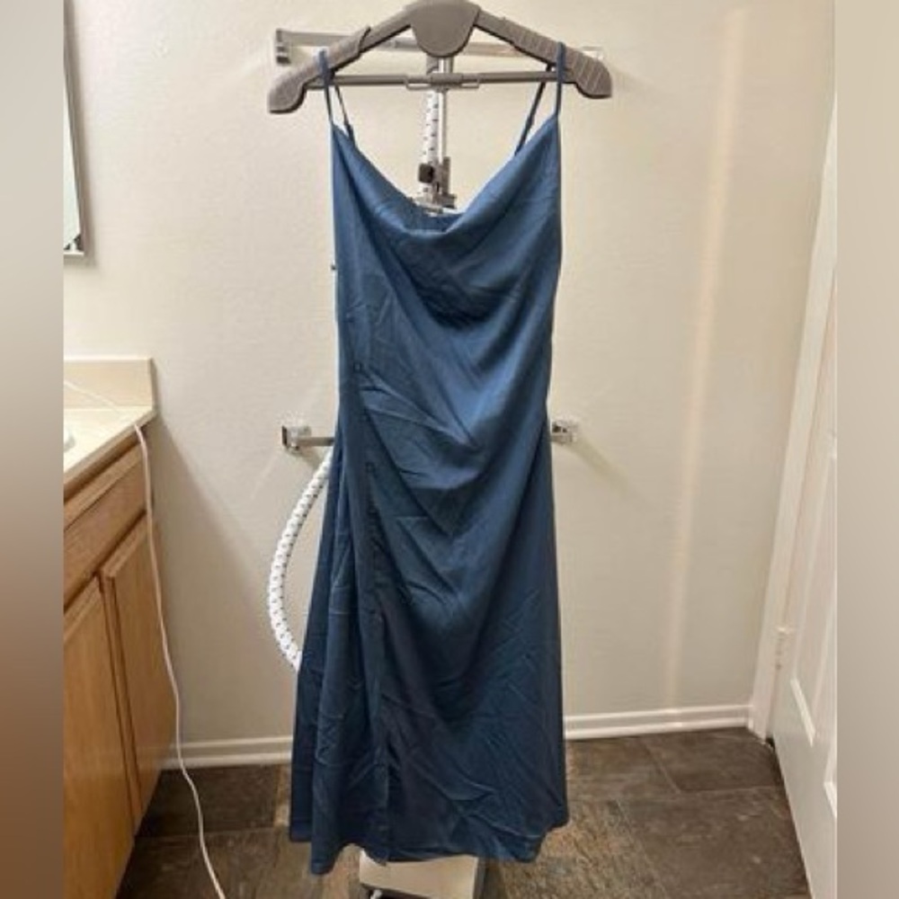 Cider Blue Maxi Dress with Fake Buttons and Split Hem